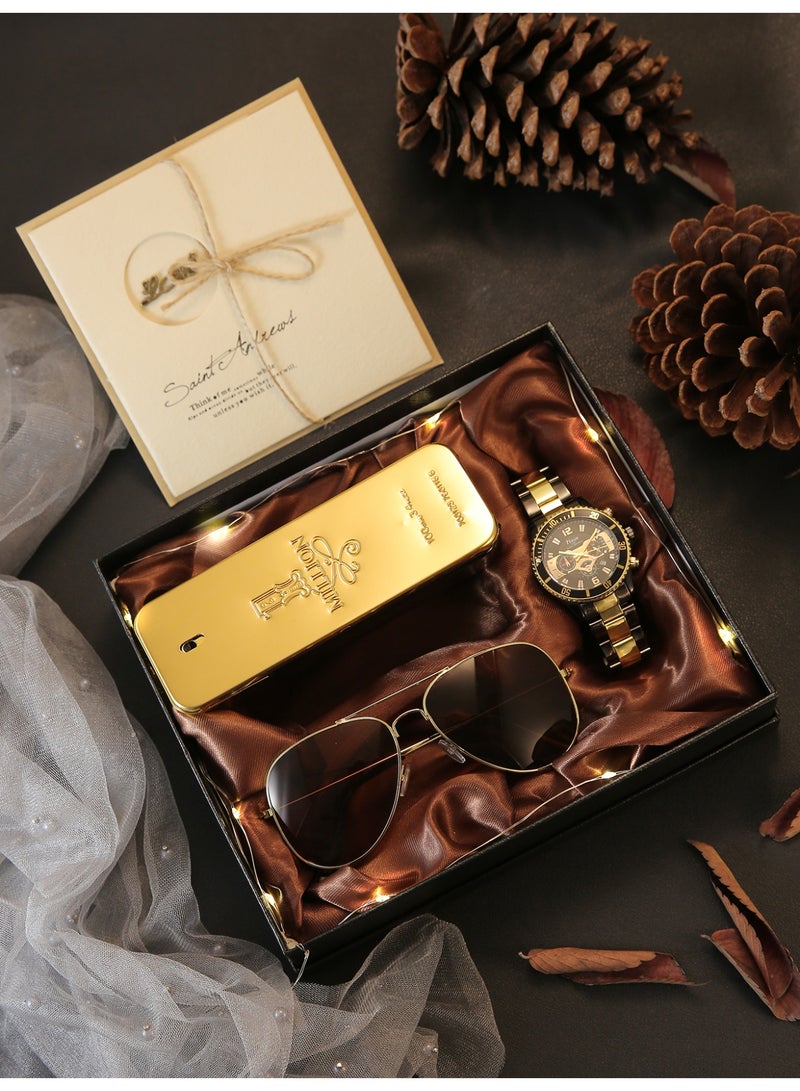 3-piece men's fashion business casual watch set, zinc alloy pocket watch paired with sunglasses and perfume, perfect gift set for friends, brothers, and lovers